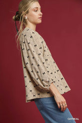 Umgee Corduroy Bow Print Balloon Sleeve Blouse OutfitFlow